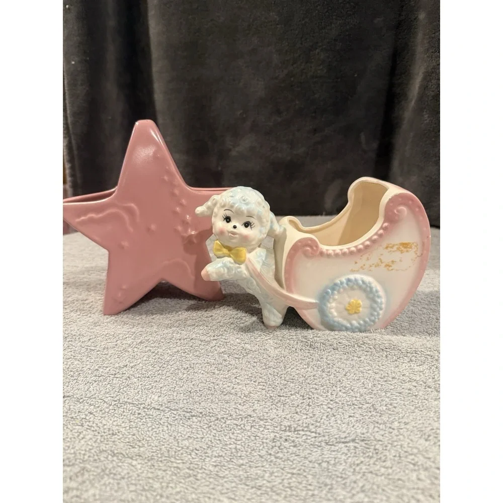 Vintage 1950s Abingdon Pottery Pink Star Vase / Planter & Lamb Baby Buggy Inarco